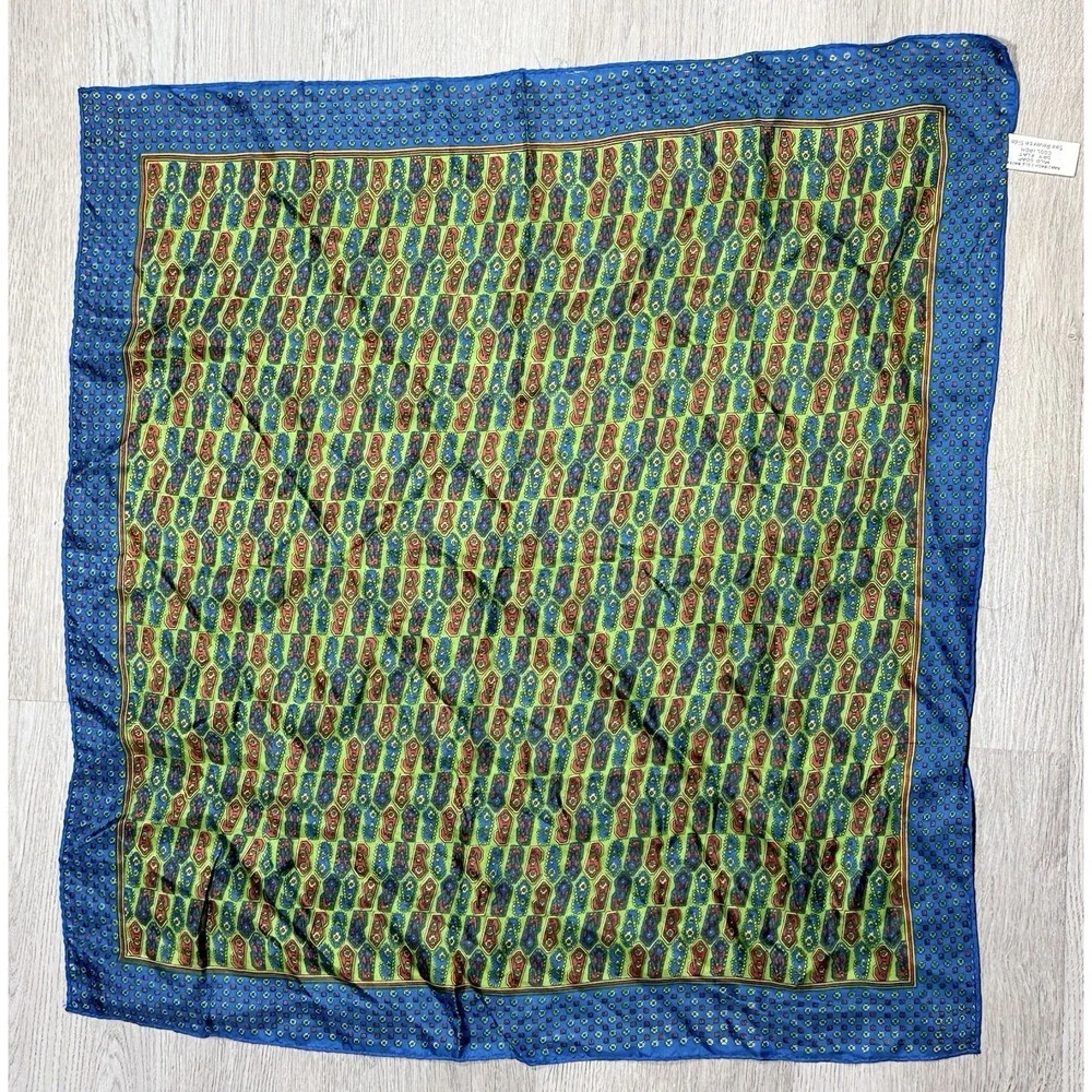 Vintage Sally Gee Rayon Silk Square Scarf Blue Green Paisley Floral 23